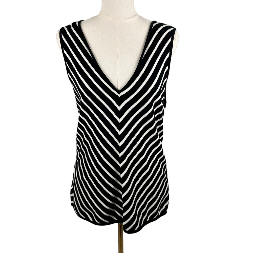 Chaps Striped V-Neck Sleeveless Sweater Vest Top Black White XL Casual Preppy